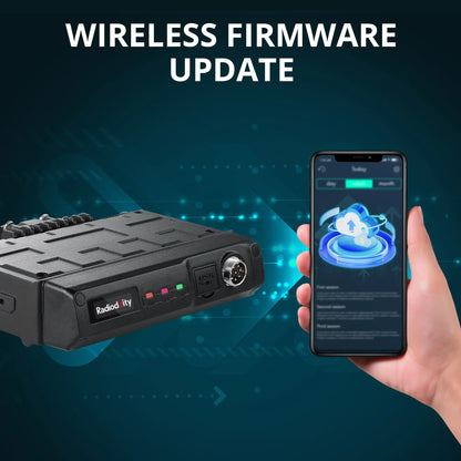 Hand holding a smartphone with a wireless firmware update app next to a device labeled 'Radioddity'.
