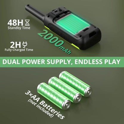 FS-T8 with battery indicators and 'Dual Power Supply, Endless Play' text on a green background