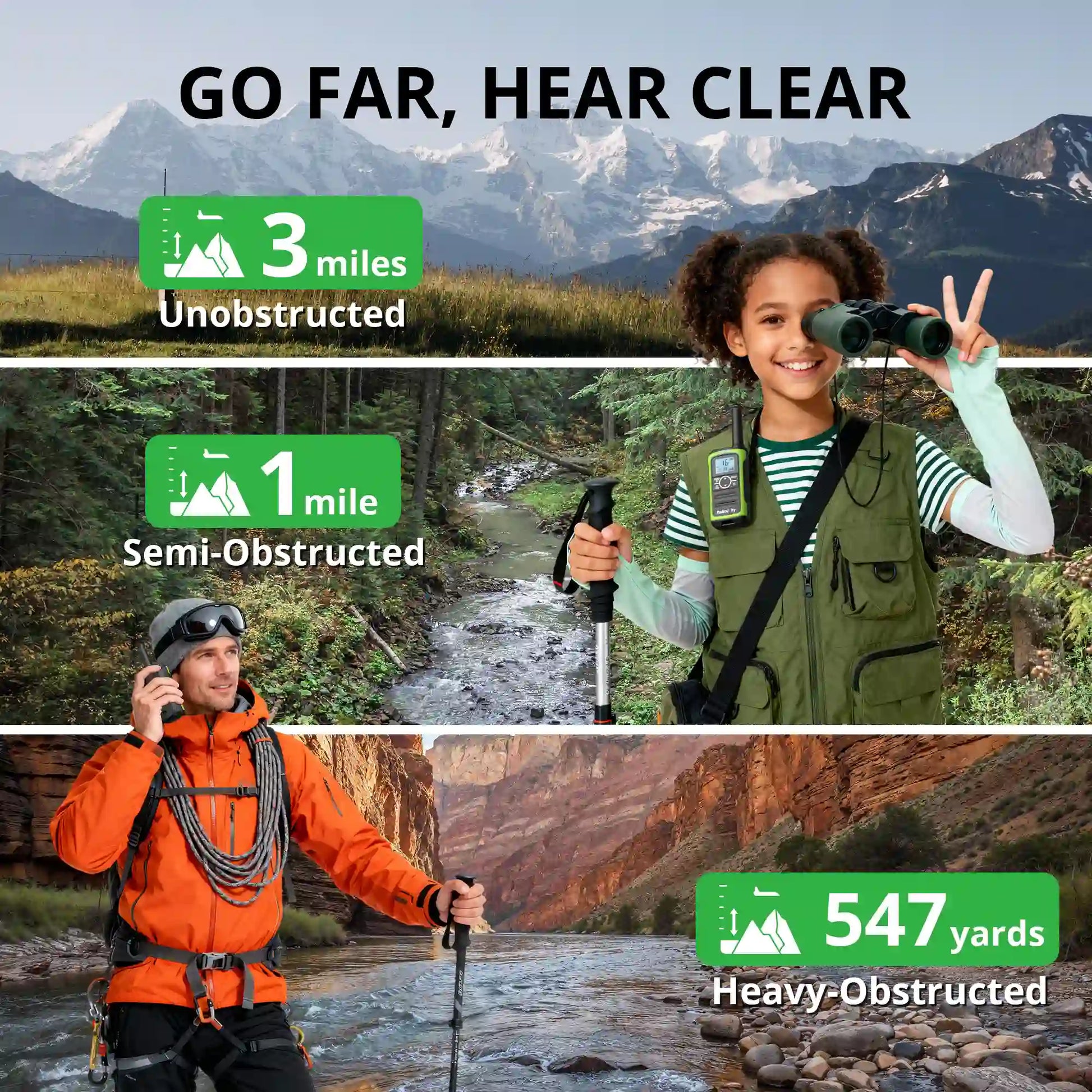 Collage of people in outdoor settings with hiking equipment and scenic backgrounds.