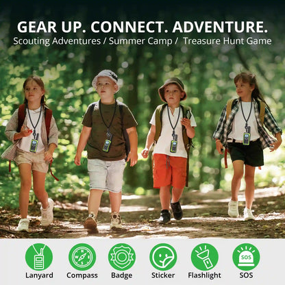 Children on a nature trail with outdoor gear and accessories displayed below.