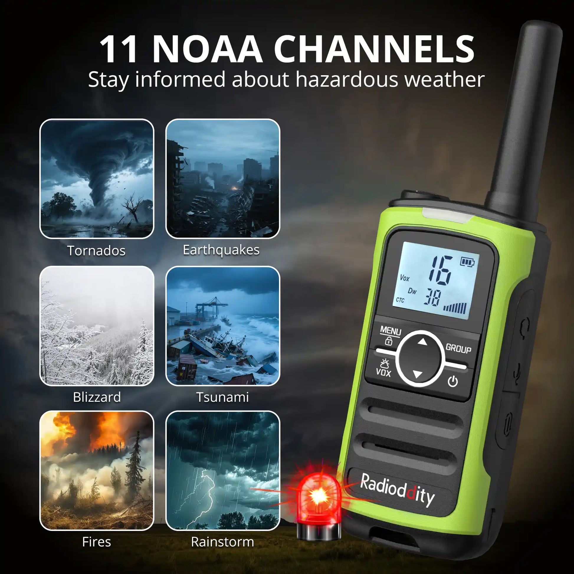 Radioddity FS-T8 with NOAA weather channel display on a dark background