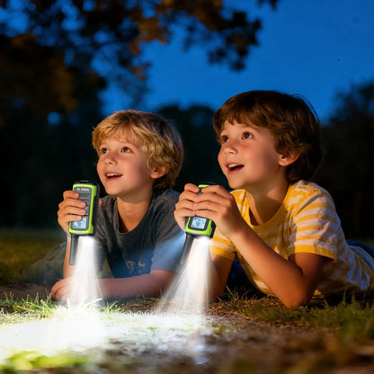 Two children playing outdoors at night with FS-T8.