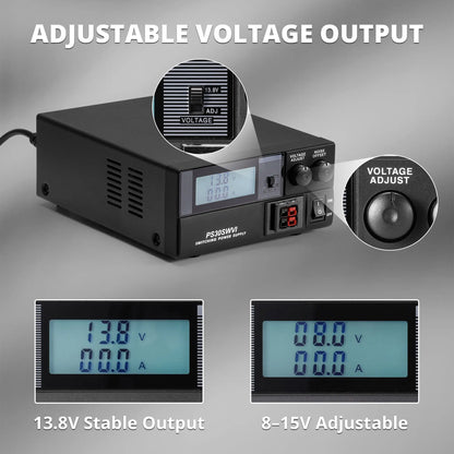 Radioddity PS30 Switching DC Power Supply | Anderson Powerpole(R) Compatible | 8–15V Adjustable | 13.8V Stable Output | 30A | Short Circuit & Overload Protection