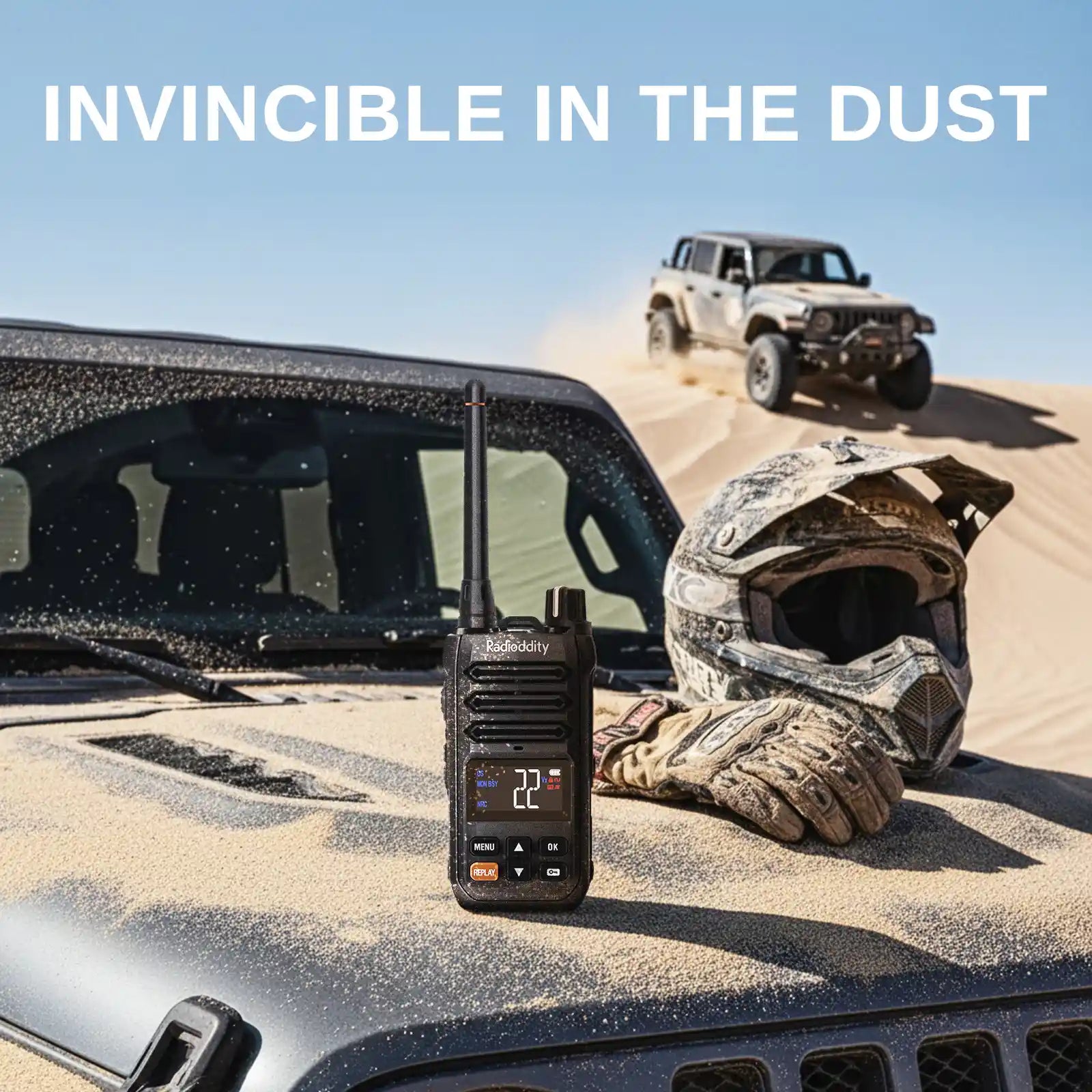 Rugged X1 radio device on a vehicle with desert landscape and text 'Invincible in the Dust'.
