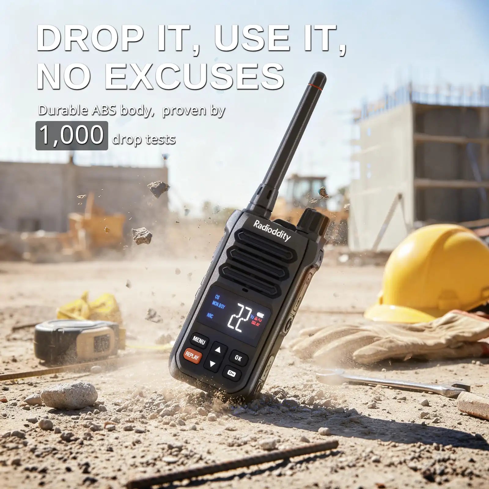 Rugged X1 walkie-talkie on a construction site with text about durability