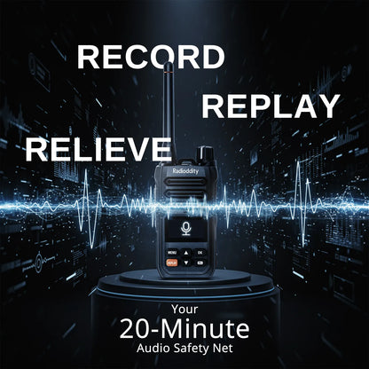 Radioddity X1 walkie-talkie with 'Record', 'Replay', 'Relieve' text and audio wave graphics on a dark background.