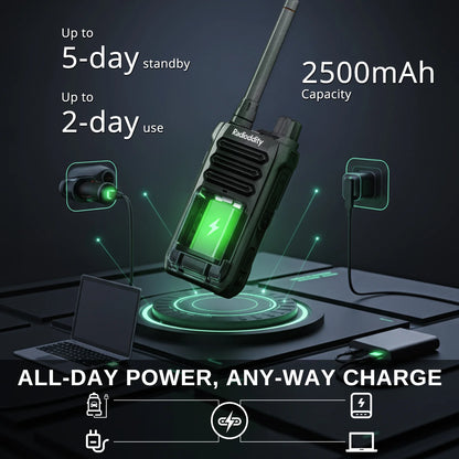 Radioddity X1 walkie-talkie with charging capabilities on a dark background