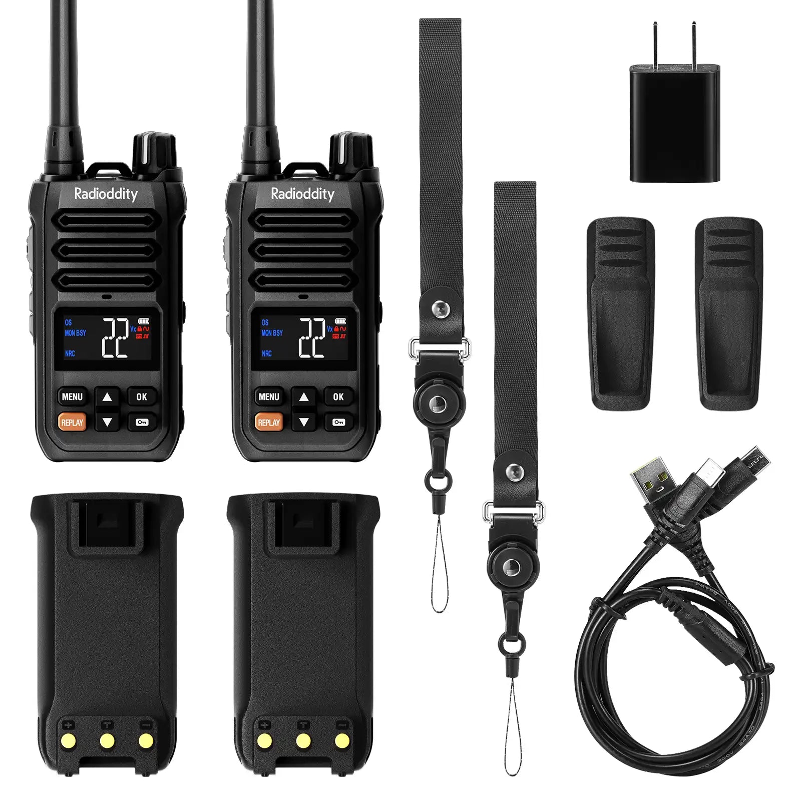 Radioddity X1 walkie-talkies with accessories on a white background