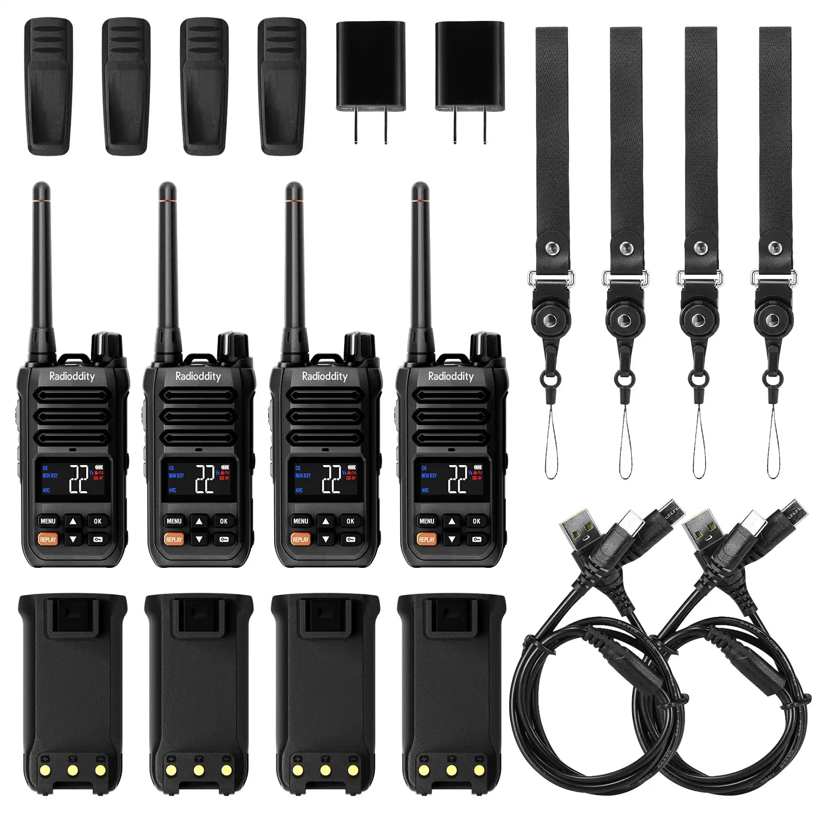 Set of Radioddity X1 walkie-talkies with accessories on a white background