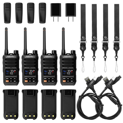 Set of Radioddity X1 walkie-talkies with accessories on a white background