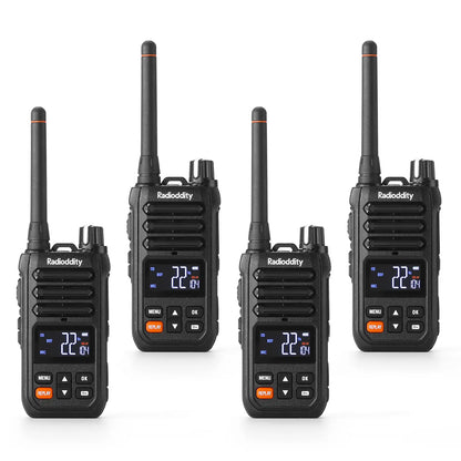 Four black Radioddity X1 walkie-talkies on a white background
