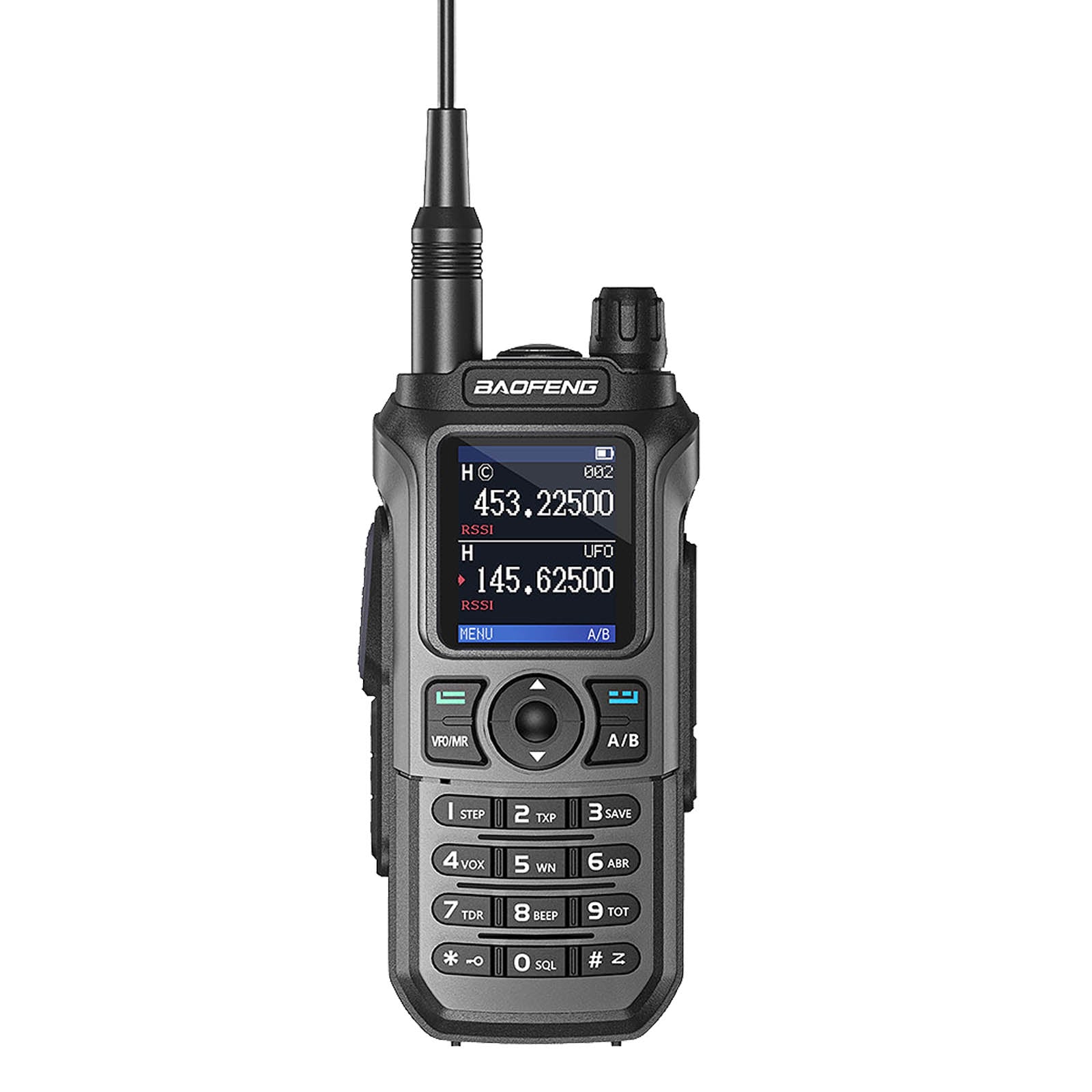 Black UV-21R walkie-talkie with digital display on a white background