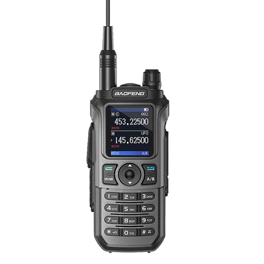 Black UV-21R walkie-talkie with digital display on a white background