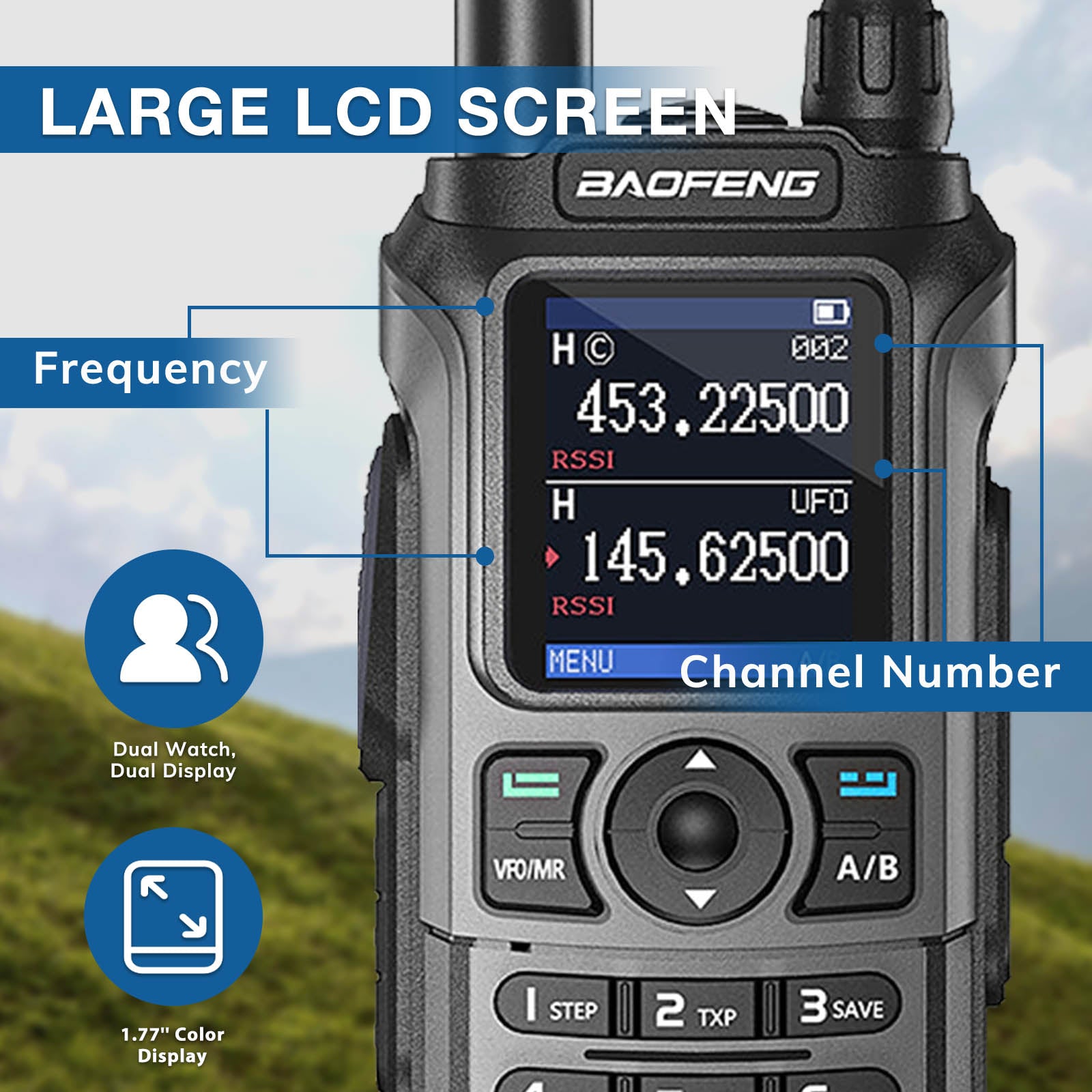 Baofeng UV-21R walkie talkie with large LCD screen and outdoor background