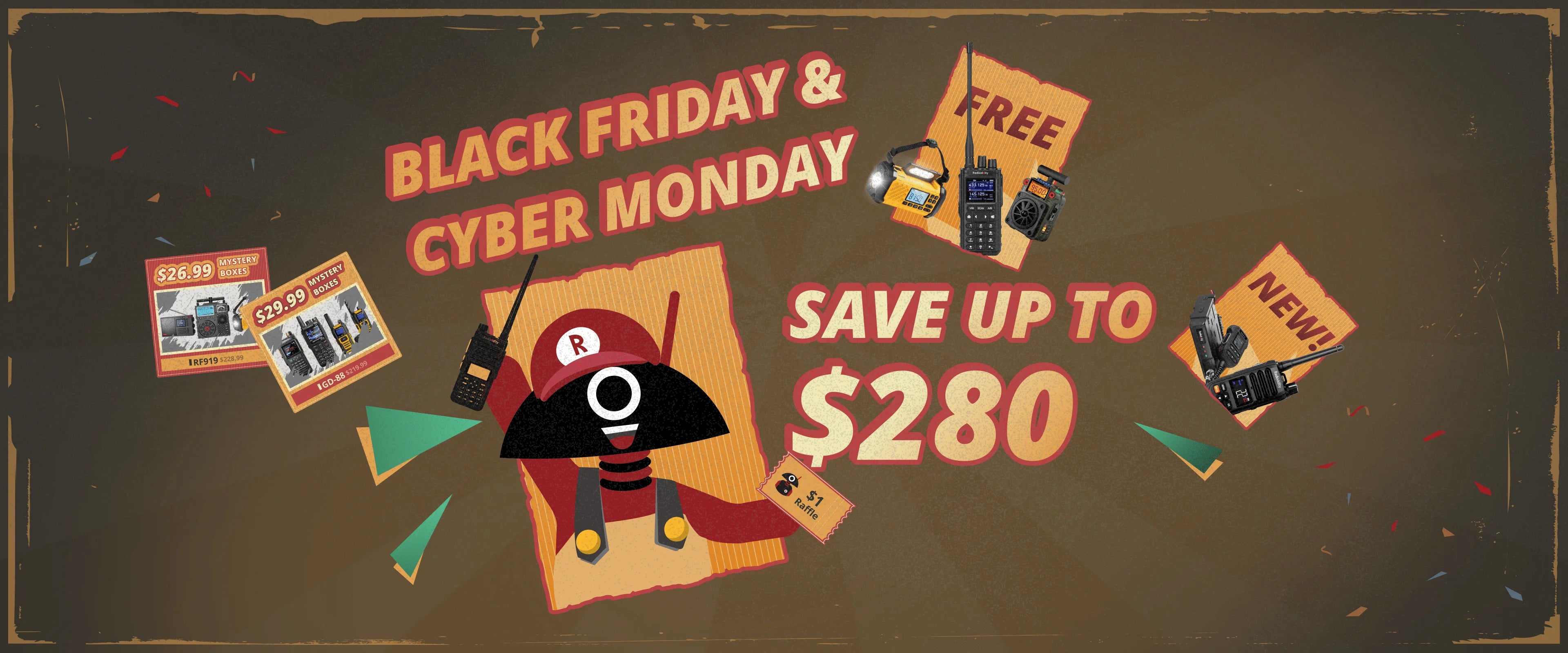 Black Friday and Cyber Monday promotional banner with text and icons on a dark background