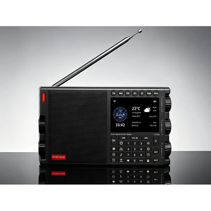 Black CHOYONG LC100 on a tabletop with clock and weather information on its standby display