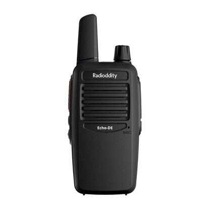 Black Radioddity Echo-DE/IT walkie-talkie on a white background