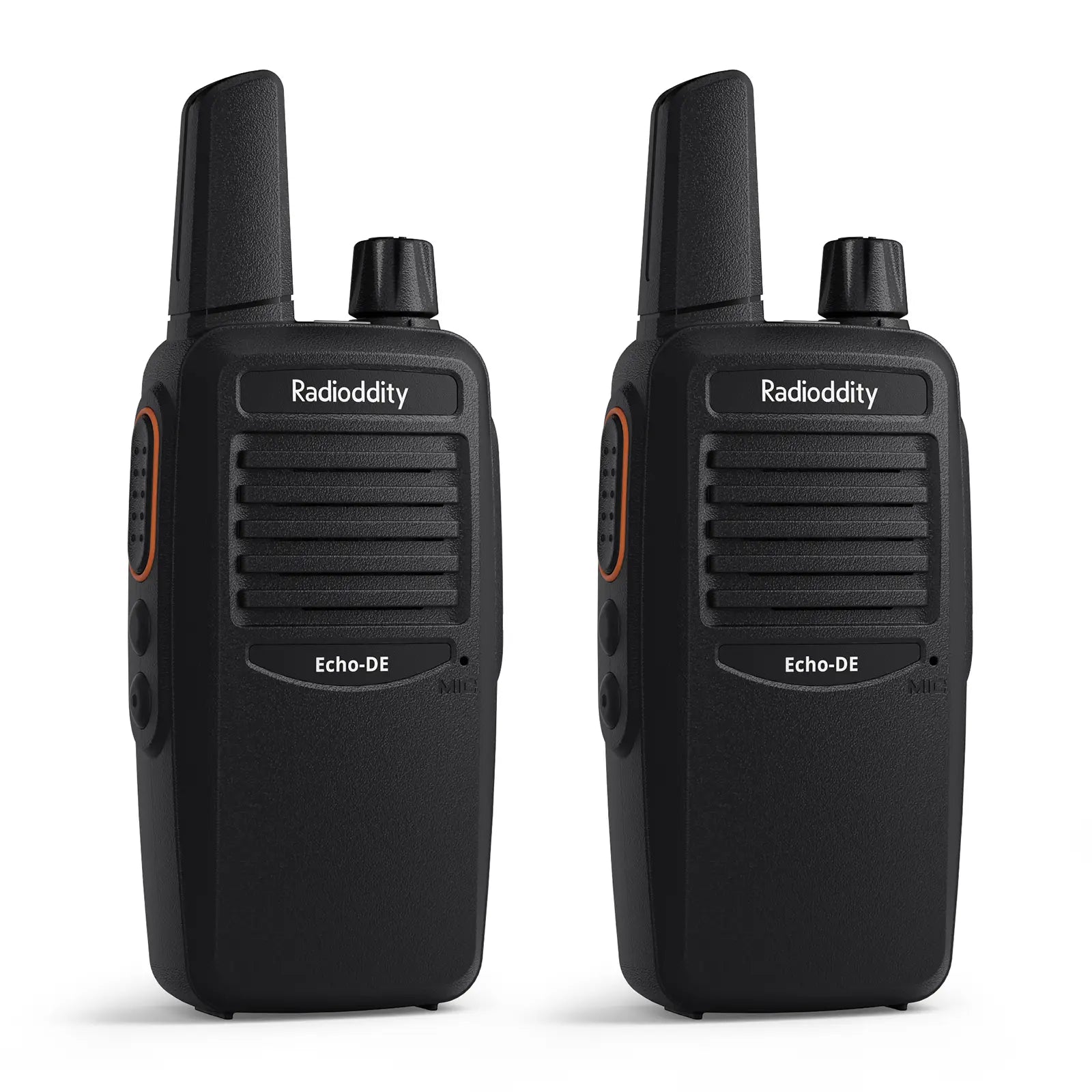 Two black Radioddity Echo-DE walkie-talkies on a white background
