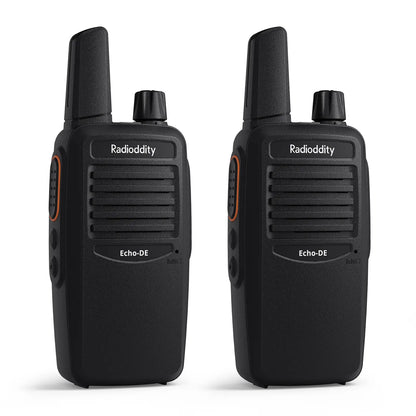 Two black Radioddity Echo-DE walkie-talkies on a white background