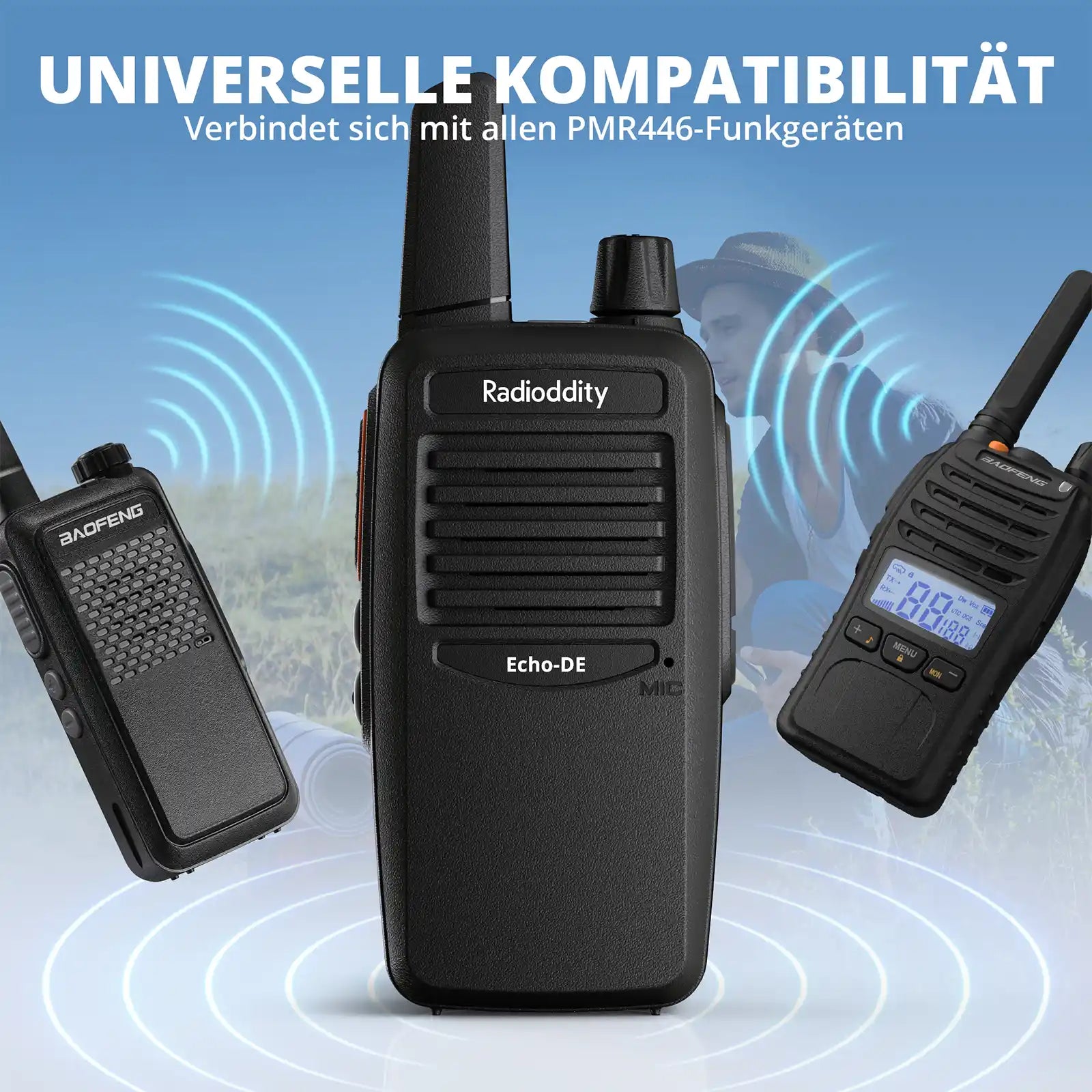 Radioddity Echo-DE walkie-talkie with other radios on a blue and white background