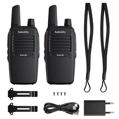Radioddity Echo DE walkie-talkies with accessories on a white background