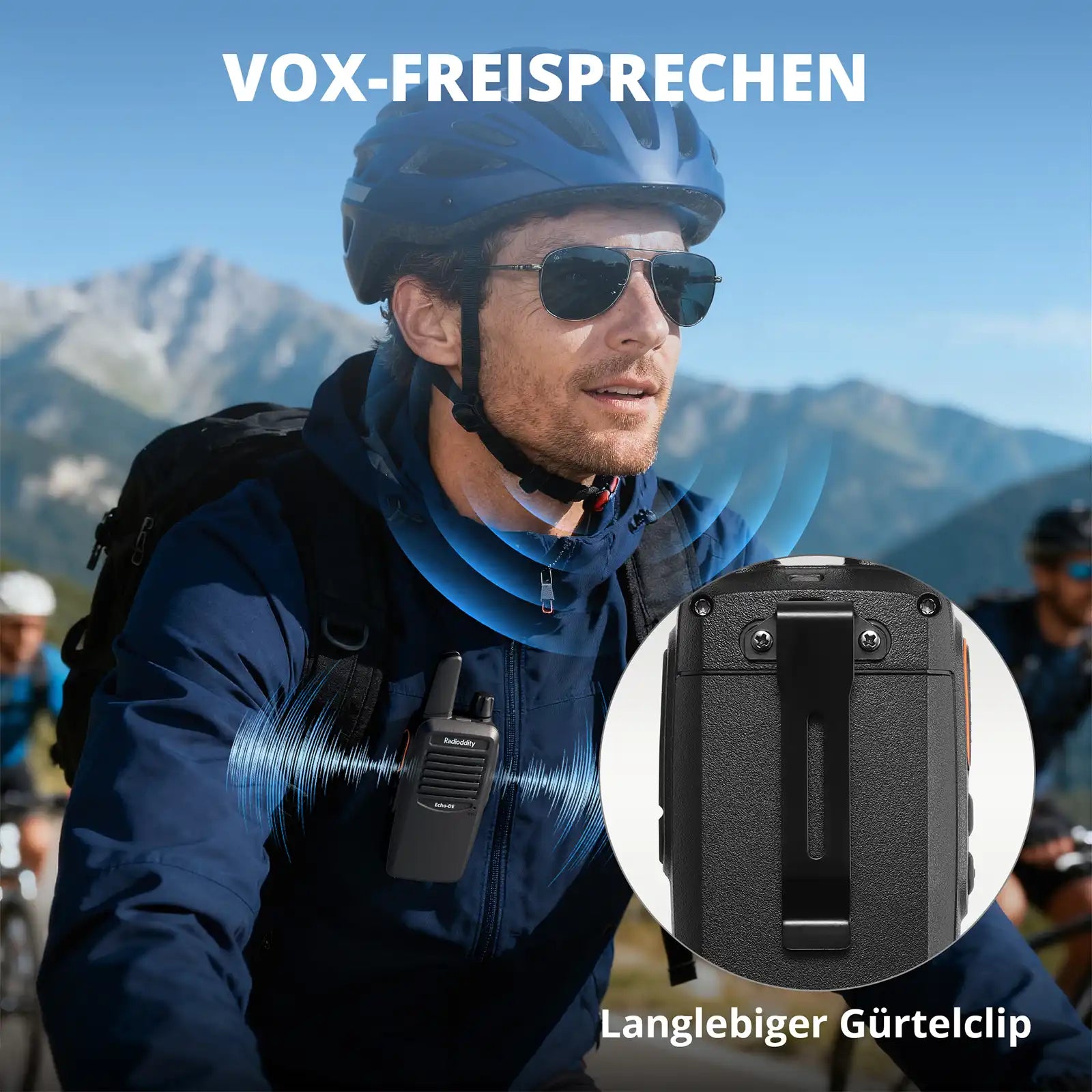 Man wearing a helmet and sunglasses with a Echo-DE/IT walkie-talkie, set against a mountainous background.