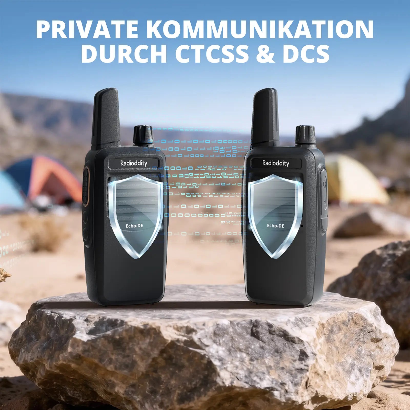 Two Radioddity Echo-DE/IT walkie-talkies on a rock with a scenic background and text about communication methods.
