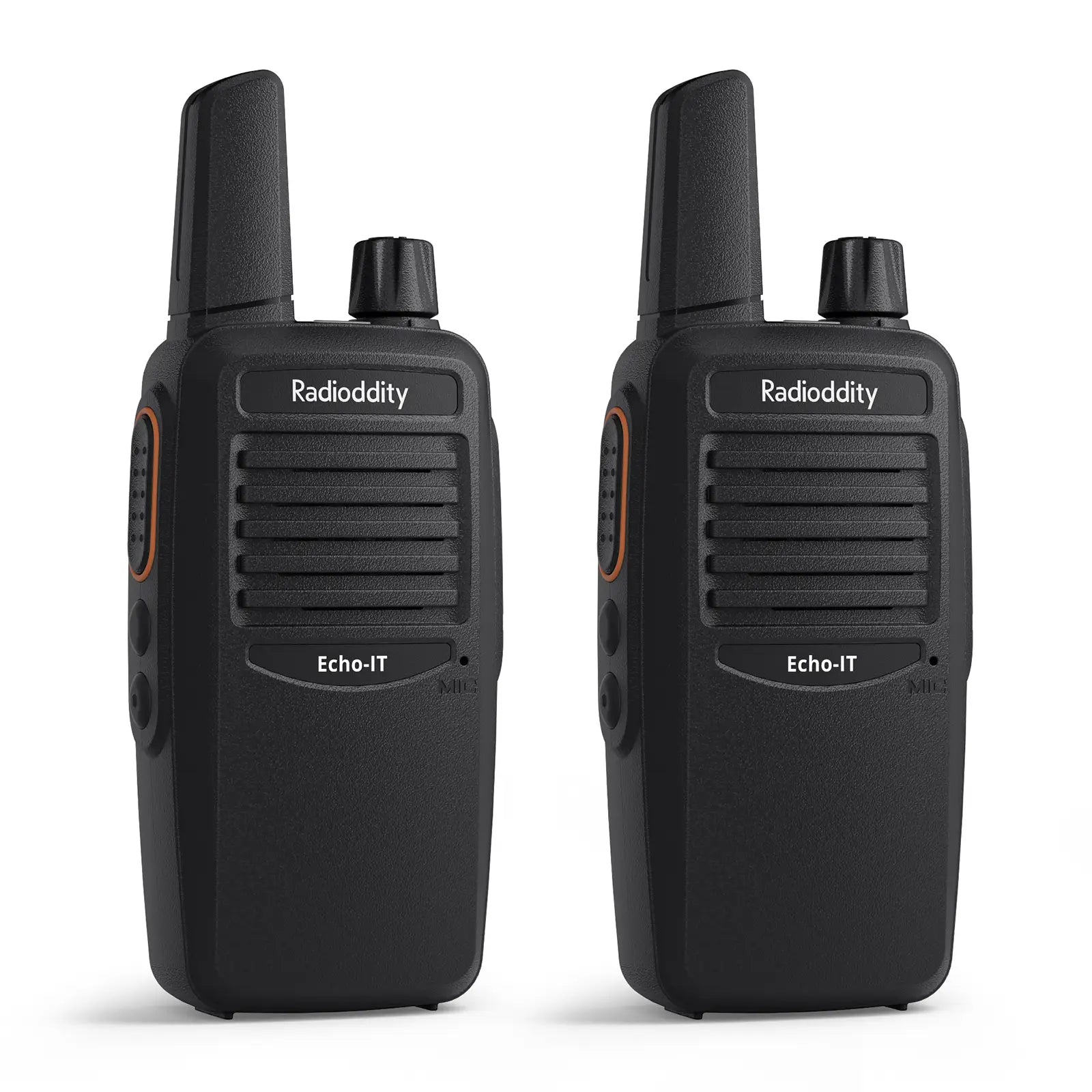 Two black Radioddity Echo-IT walkie-talkies on a white background