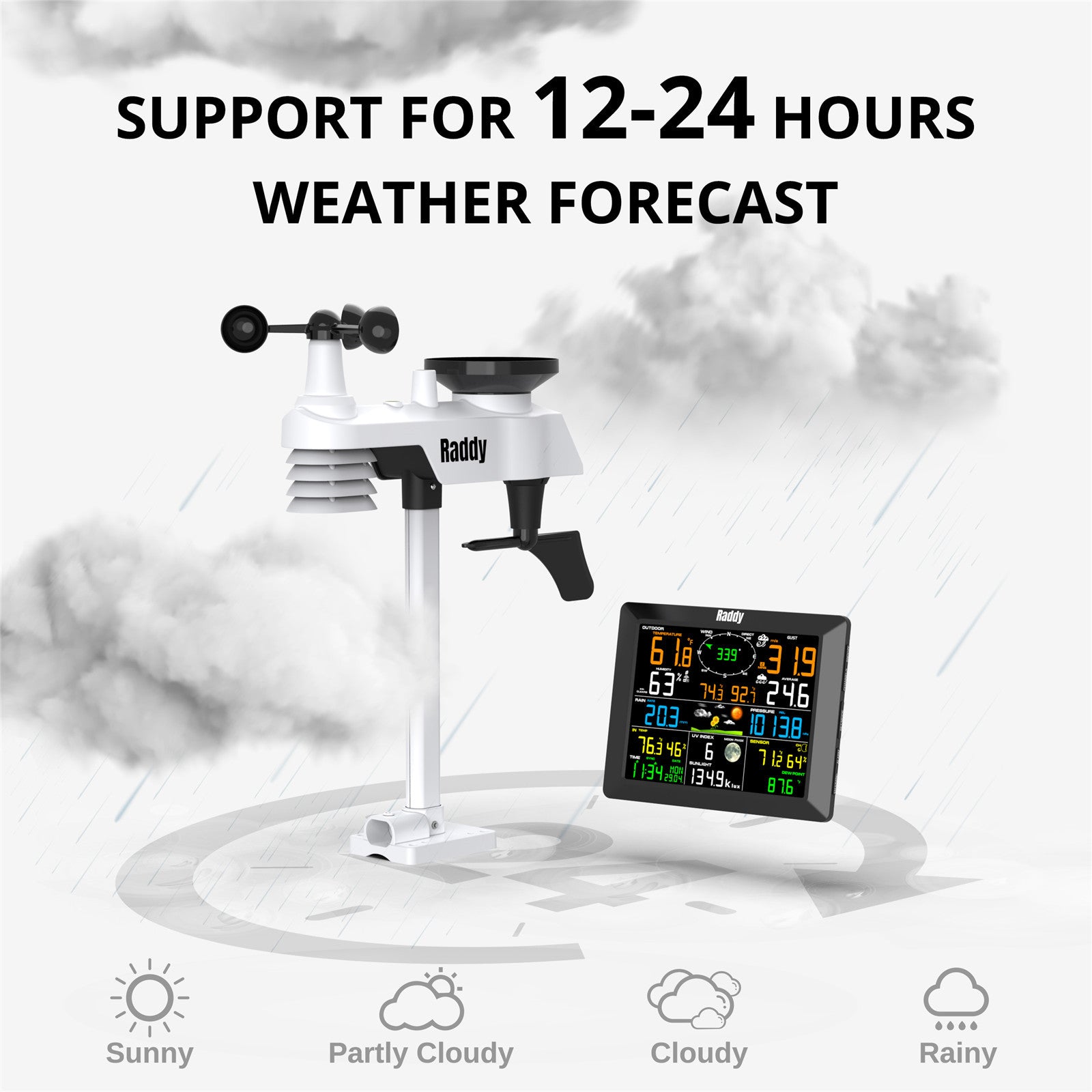 Raddy WF-100C Weerstation met buitensensor radio, 14-in-1 wifi-binnen- buitenthermometer met 10 inch digitaal kleurendisplay, windmeter, regenmeter, zonnesensor voor thuis, kantoor, tuin Raddy WF-100C Weerstation met buitensensor radio, 14-in-1 wifi-binnen- buitenthermometer met 10 inch digitaal kleurendisplay, windmeter, regenmeter, zonnesensor voor thuis, kantoor, tuin